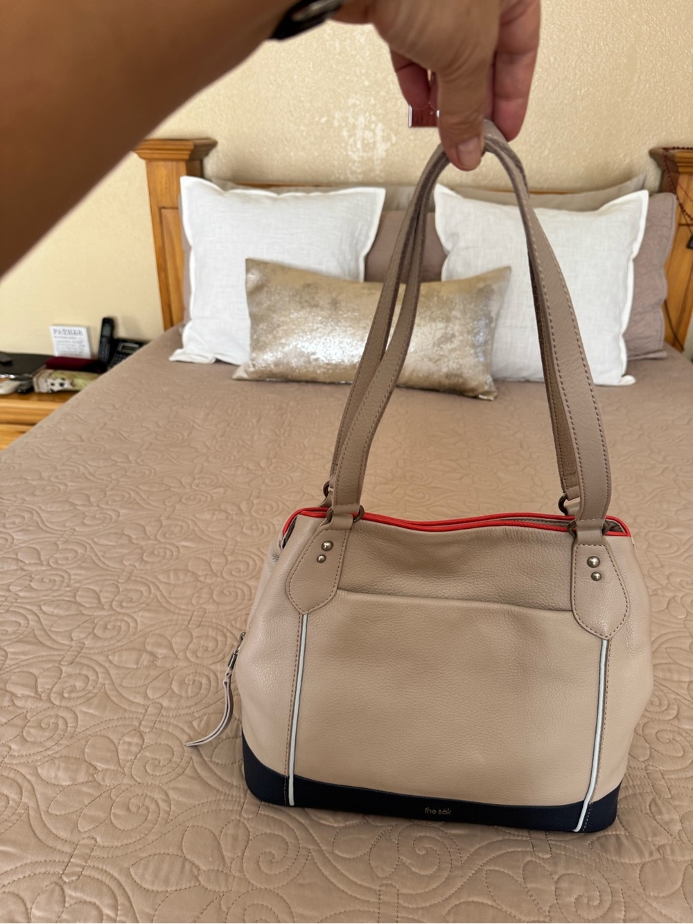 The Sak Melrose Satchel Bag, Taupe Shoulder Bag with Red Trim and Navy Blue Base